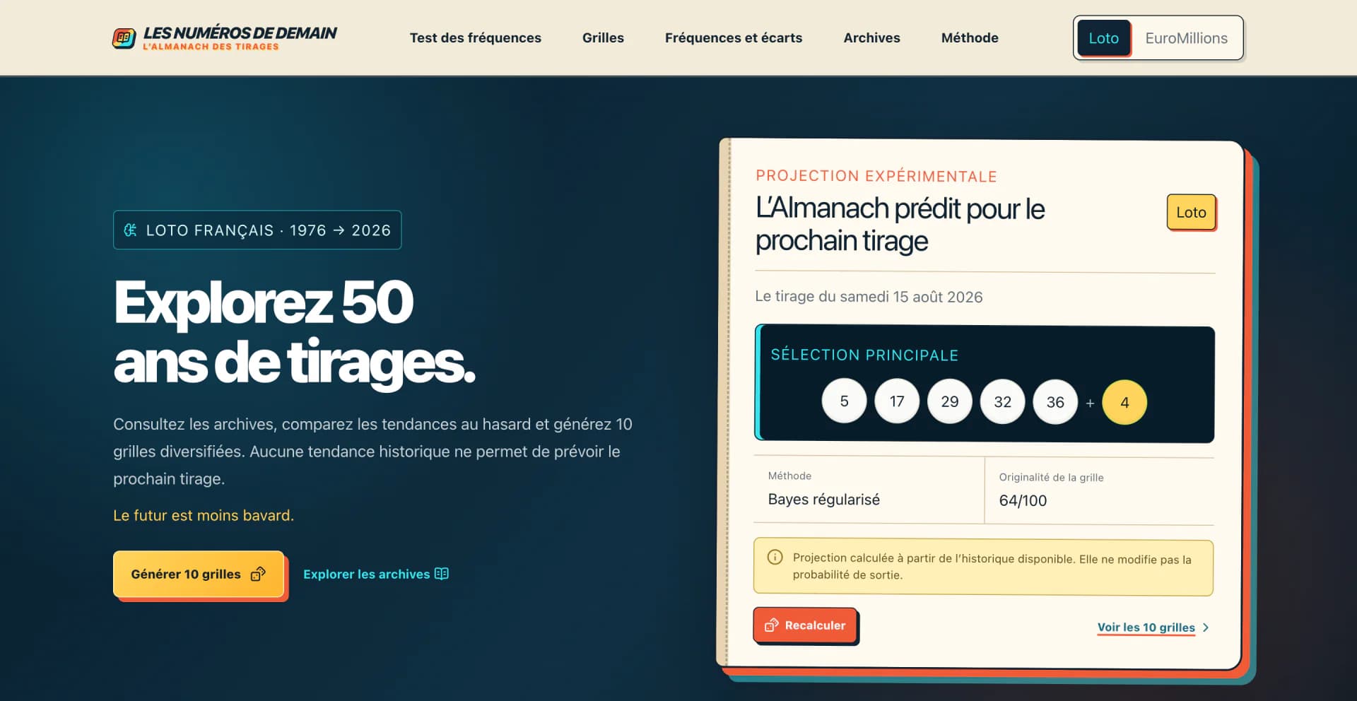 Page d'accueil de Les Numéros de Demain avec L'Almanach des Tirages et une projection expérimentale du Loto