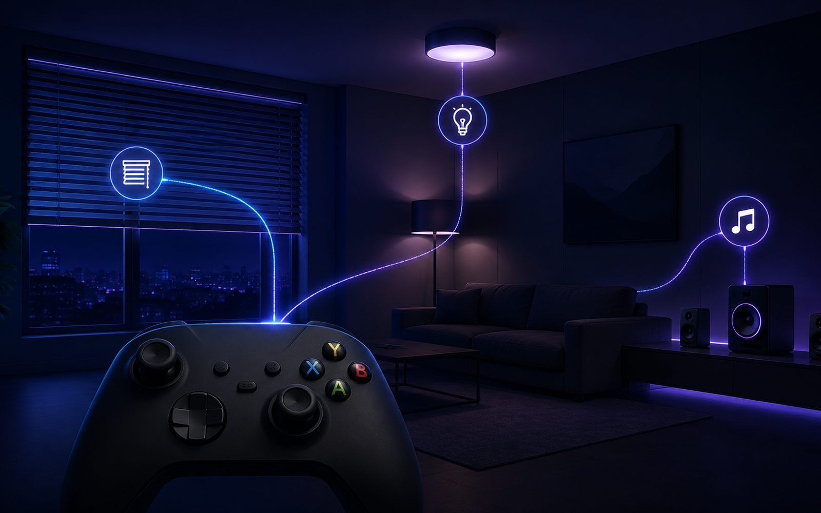 Une manette de jeu dans un salon sombre, reliée par des tracés lumineux aux volets, à l'éclairage et aux enceintes
