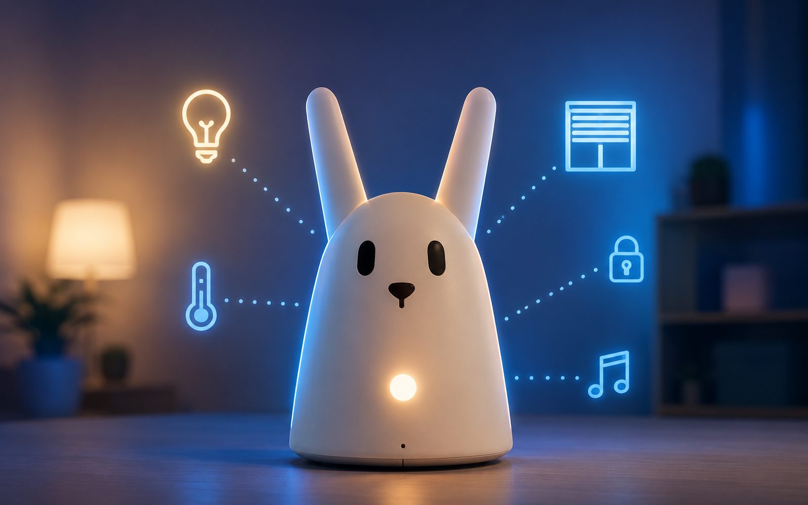 Un lapin communicant posé sur un meuble, relié à des icônes d'éclairage, de volets, de température et de musique